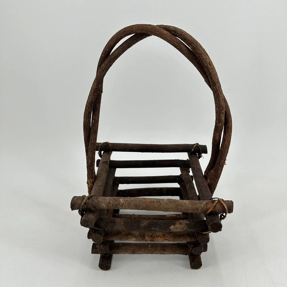 Rustic Twig Log Cabin Basket Grapevine Handle Natural Wood Primitive Decor Brown